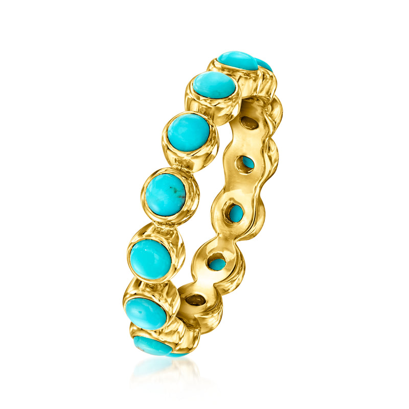 Gold over sterling eternity ring with turquoise round stones, open scalloped design