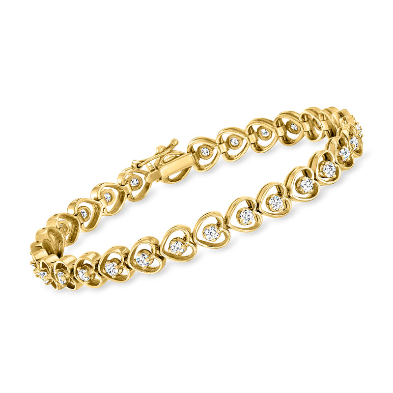 Yellow gold heart diamond bracelet with linked heart settings and round white stones