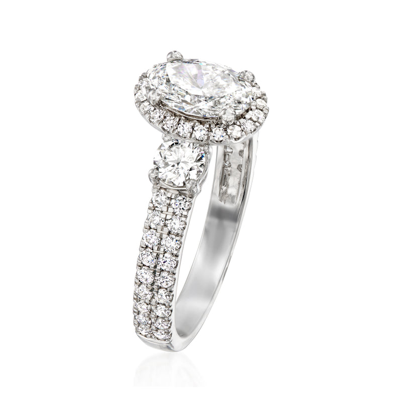 Lab-grown diamond ring in 14kt white gold with oval halo and pavé band