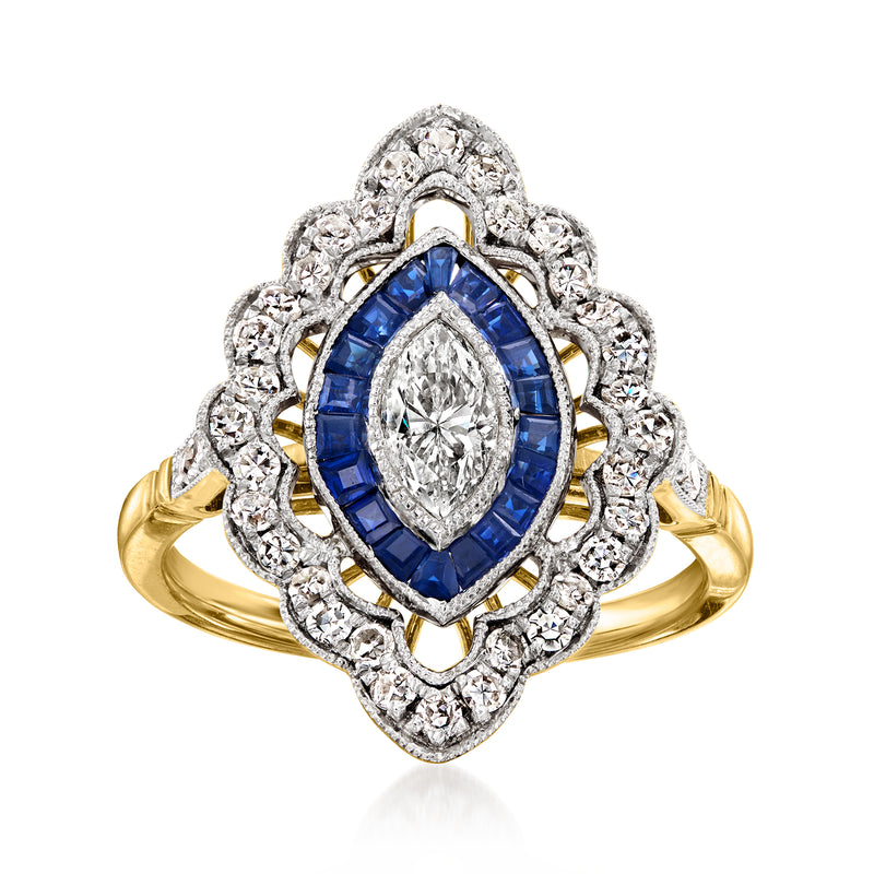 Two-tone gold vintage ring with oval blue center, diamond halo and halo accents