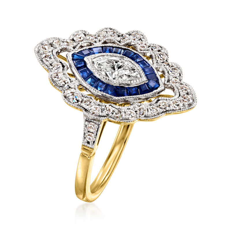 Two-tone gold sapphire and diamond ring with marquise cluster setting