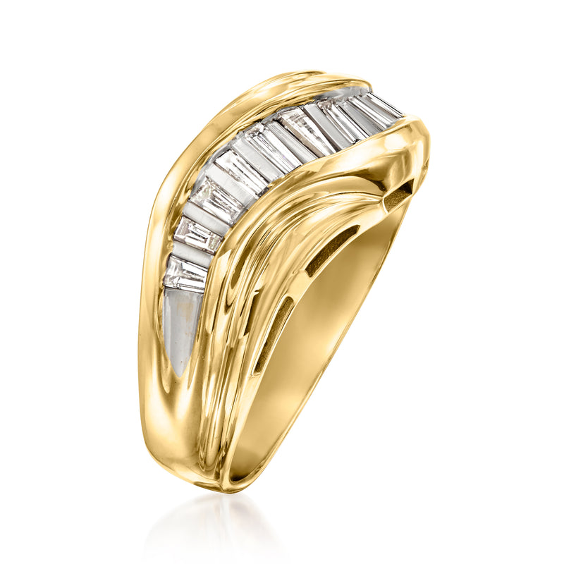 Yellow gold curved ring with baguette-cut diamond row