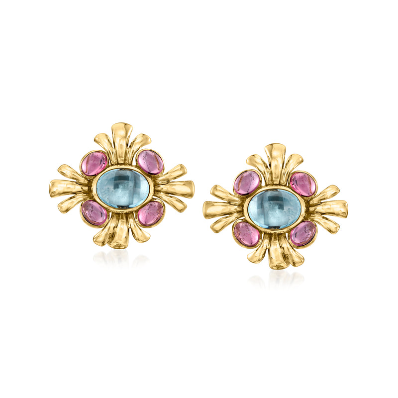 Gold clip-on earrings with oval sky-blue center stones and pink round accents.