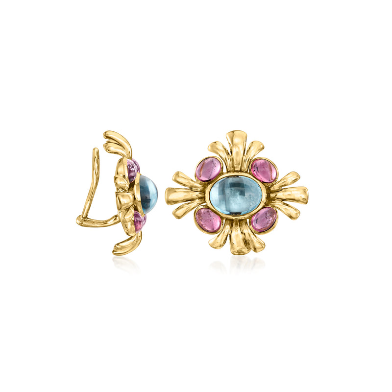 Gold clip-on earrings with hinged back; oval blue center stone with pink round petals.