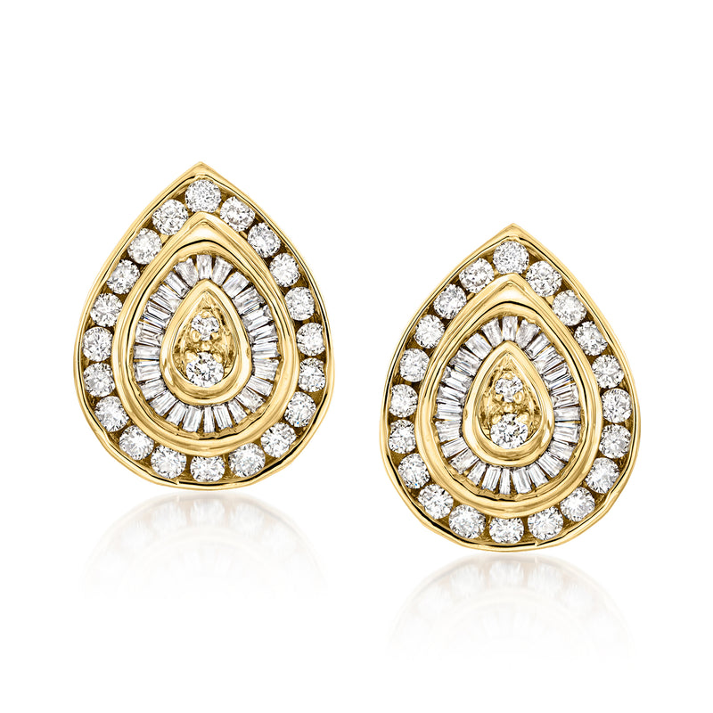 Yellow gold teardrop diamond stud earrings with pear-shaped center stone