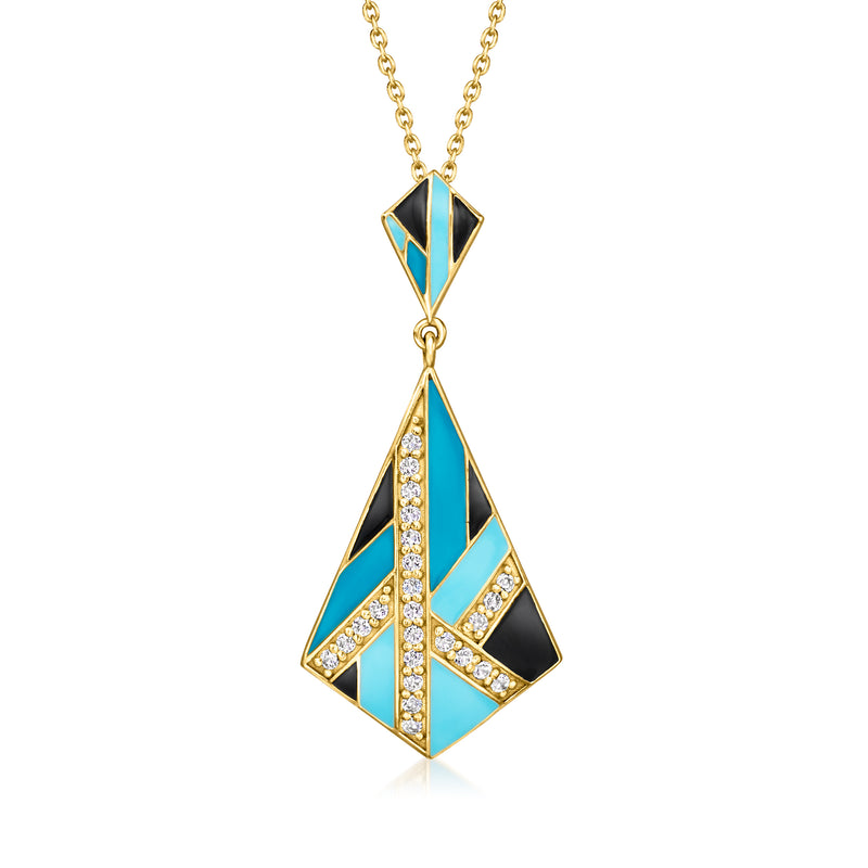 Geometric enamel pendant necklace with blue teardrop shapes and gold chain
