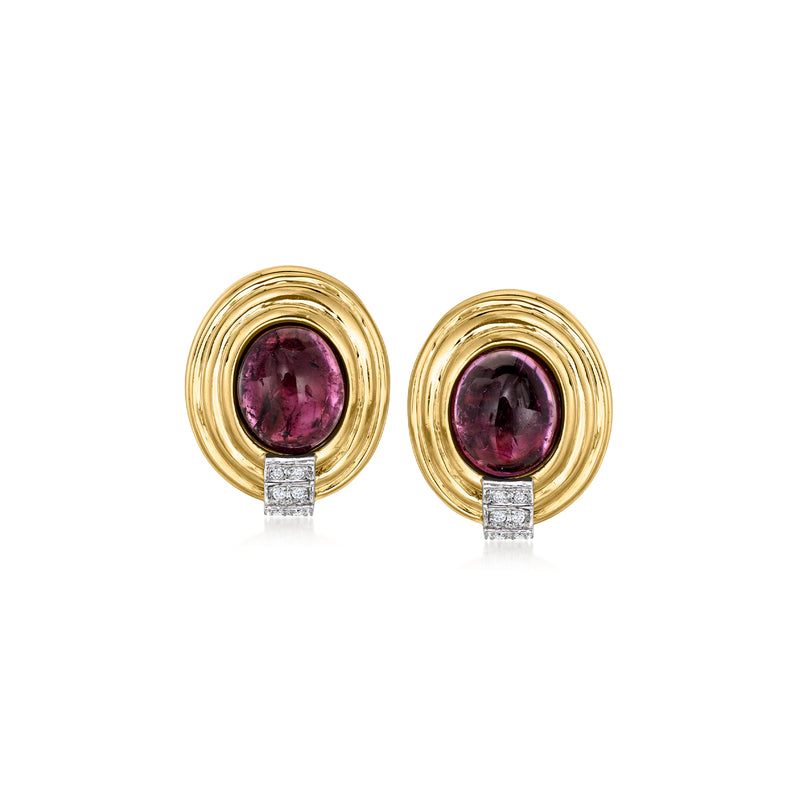 18kt yellow gold clip/post earrings with pink tourmaline cabochon and diamond accents