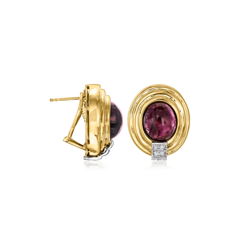 Yellow gold clip/post earrings with pink tourmaline cabochon and diamond accents