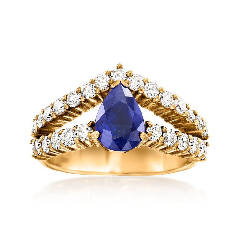 Vintage sapphire and diamond ring in 18kt yellow gold, pear-cut center stone with halo