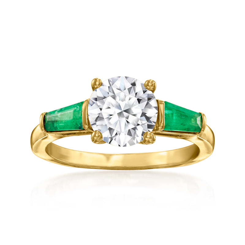 14kt yellow gold ring with round lab-grown diamond center and green emerald side stones