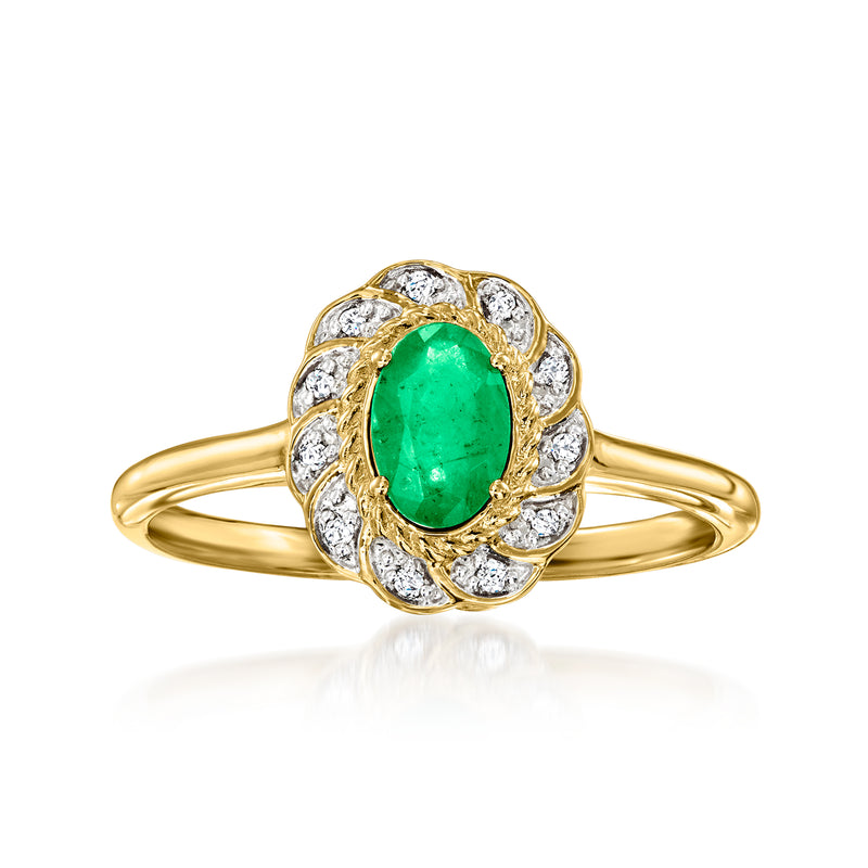 14kt yellow gold emerald flower ring with oval green center and diamond halo