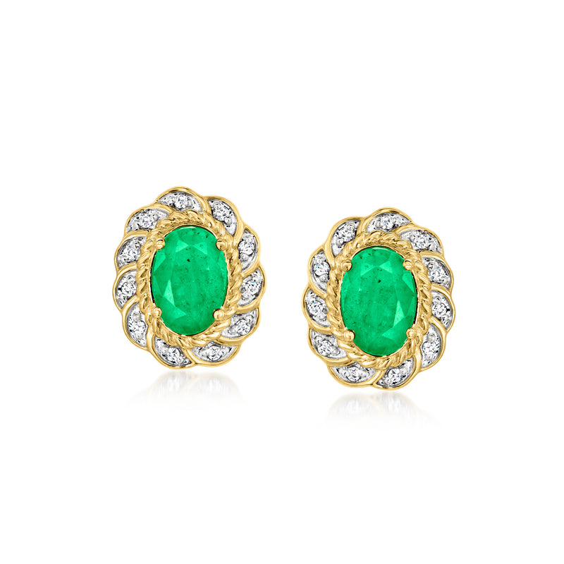 14kt yellow gold emerald and diamond flower stud earrings, oval green center