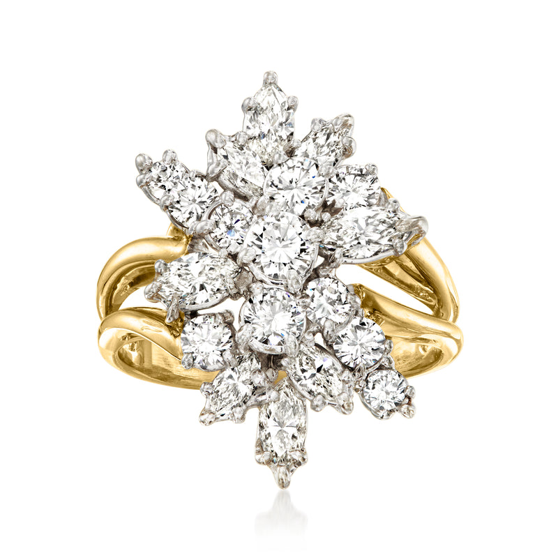 18kt yellow gold diamond waterfall ring with round and marquise stones