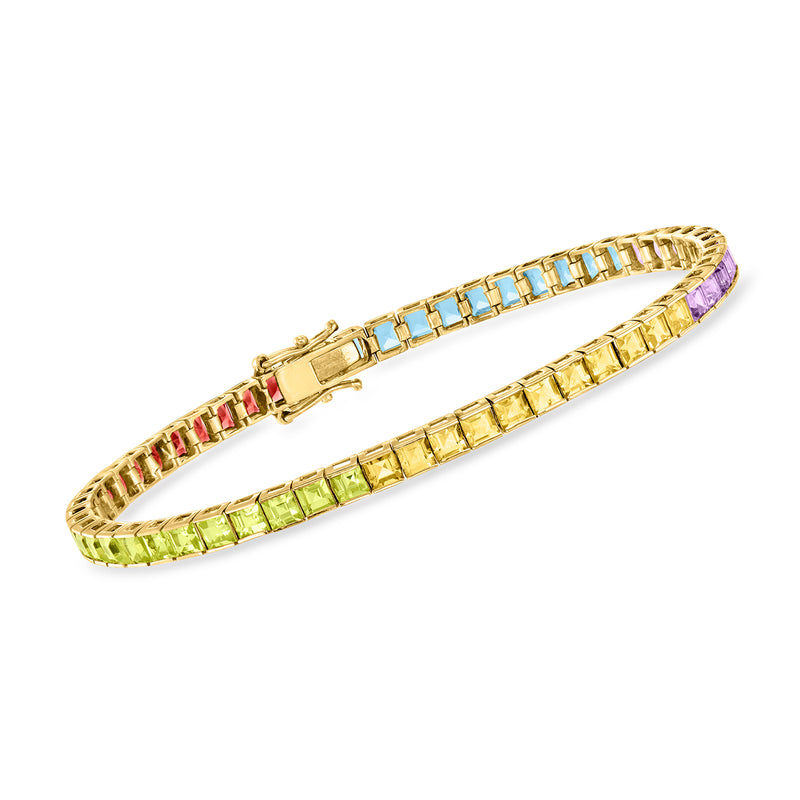 Vintage multi-gemstone tennis bracelet in 14kt yellow gold with colored rectangular gems