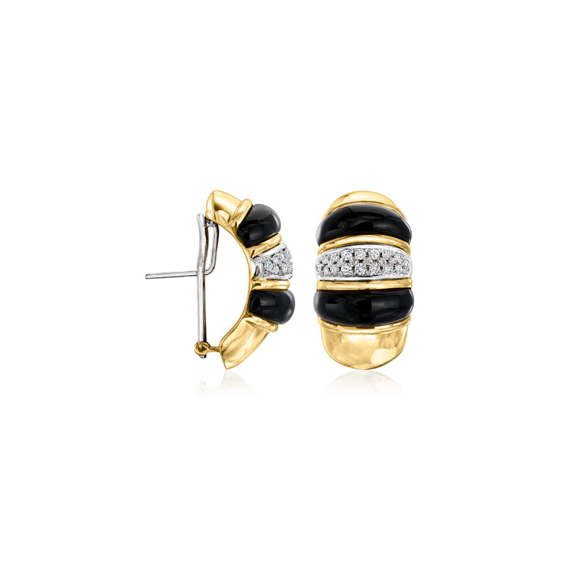 Vintage onyx and diamond curved clip/post earrings in yellow gold