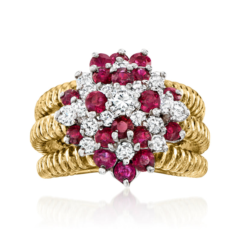 18kt yellow gold ruby & diamond cluster ring, ribbed shoulders