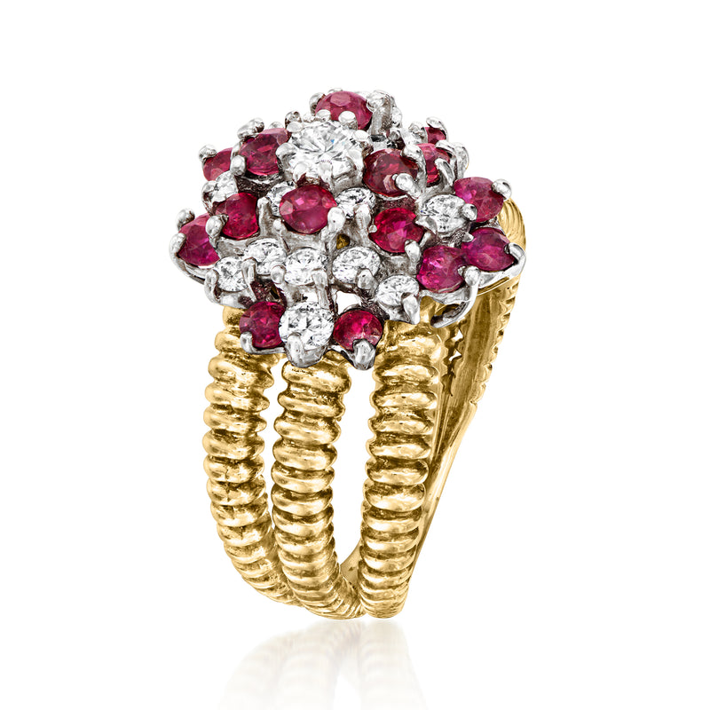 Yellow gold ruby and diamond cluster ring, side view with braided shank