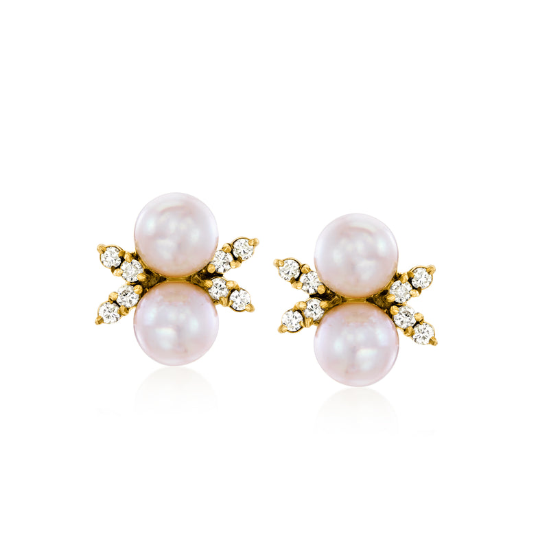 14kt yellow gold pearl and diamond cluster stud earrings, post backs