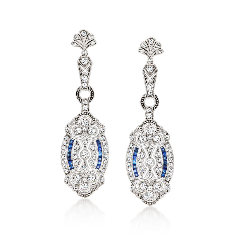 14kt white gold filigree drop earrings with diamond accents and blue sapphire panels