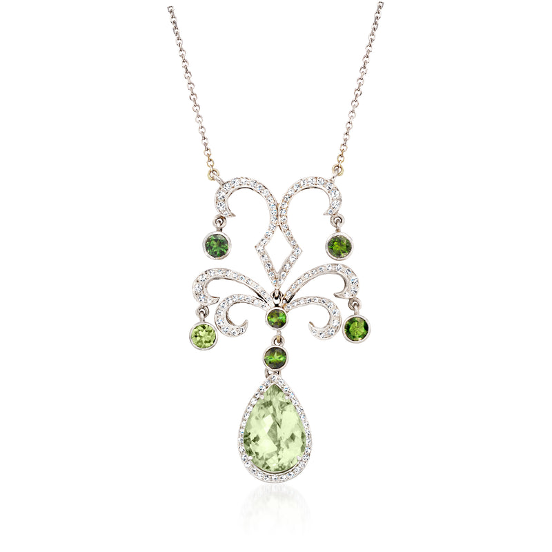 White gold drop necklace with green round gemstones, diamond accents, teardrop pendant