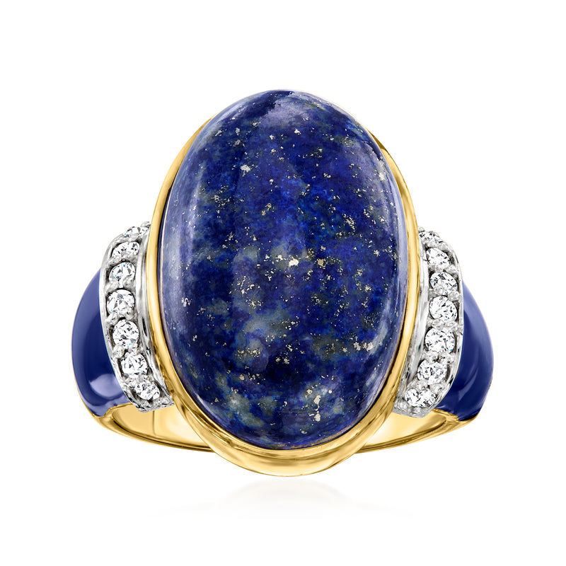 Oval blue lapis gemstone ring in 18kt gold with diamond side accents and bezel