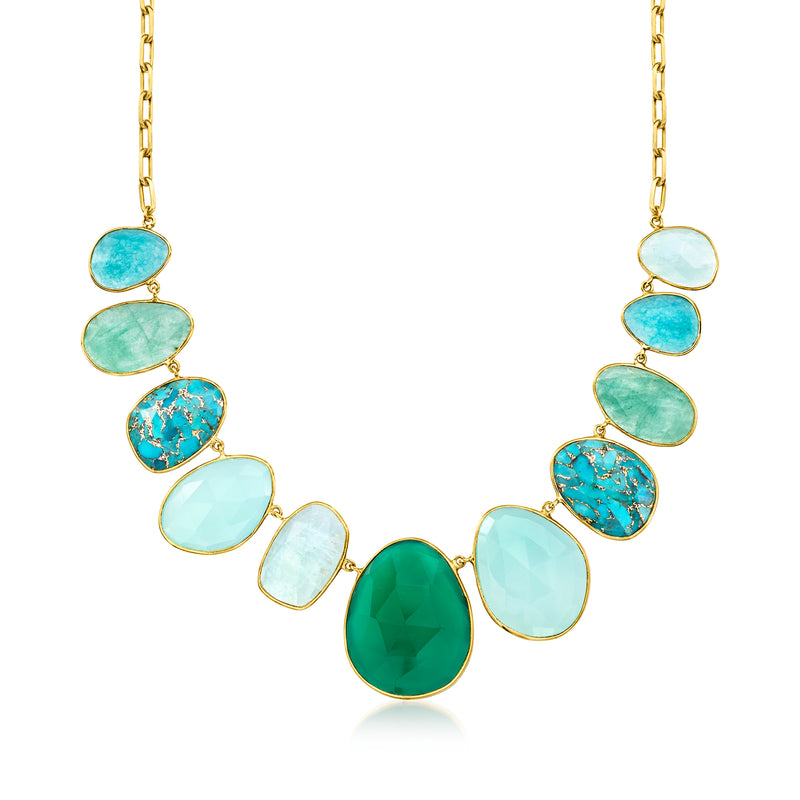 Multi-gemstone bib necklace in gold with oval and pear-shaped aqua and green stones