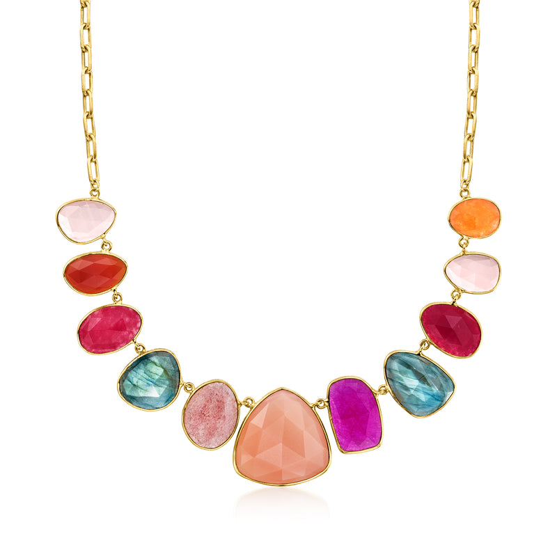Gold over sterling bib necklace with multicolor gemstone teardrop links