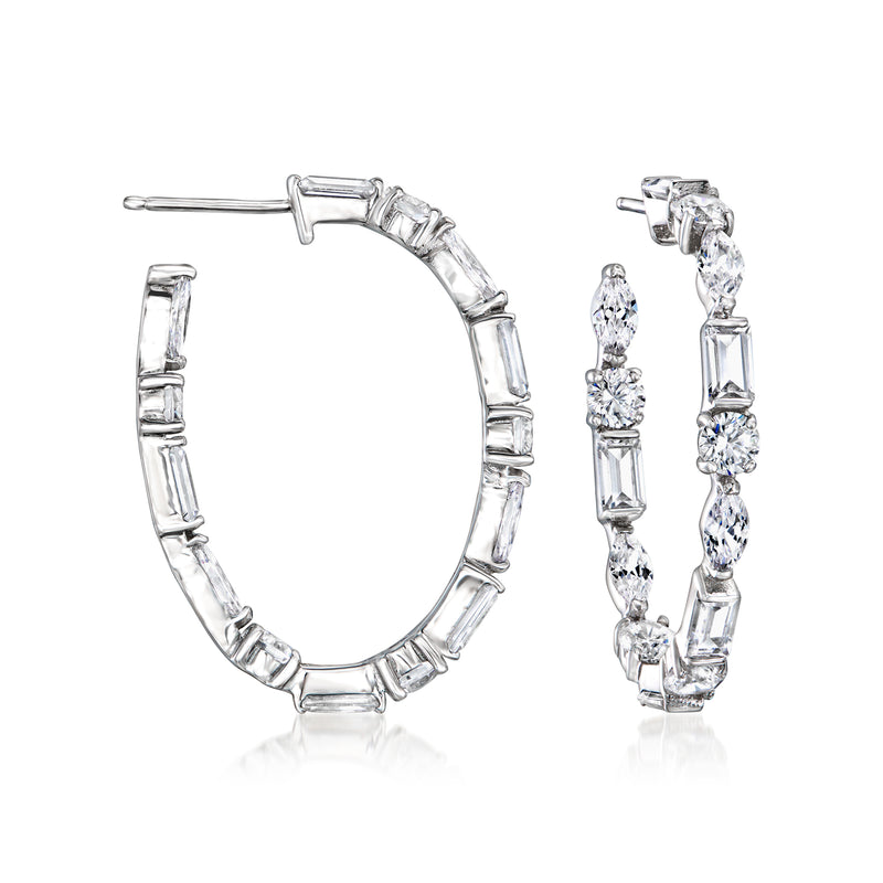 Sterling silver CZ hoop earrings with baguette and round stone segments