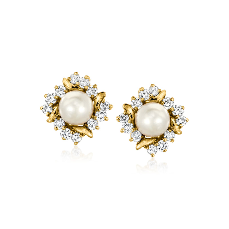 14kt yellow gold cultured pearl and diamond halo stud earrings