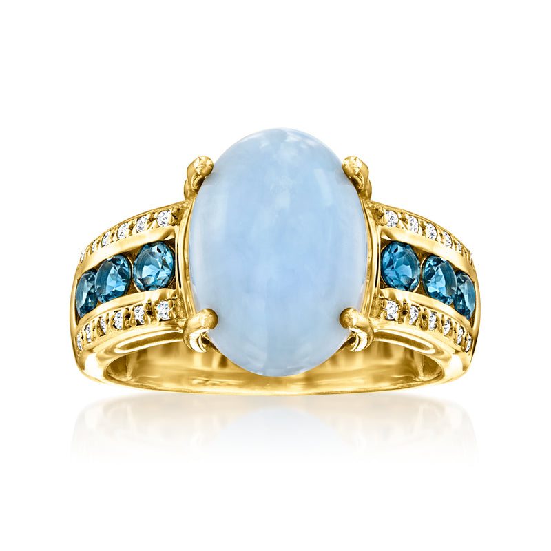 Gold-tone ring with oval light-blue center stone and blue-and-white gemstone bands