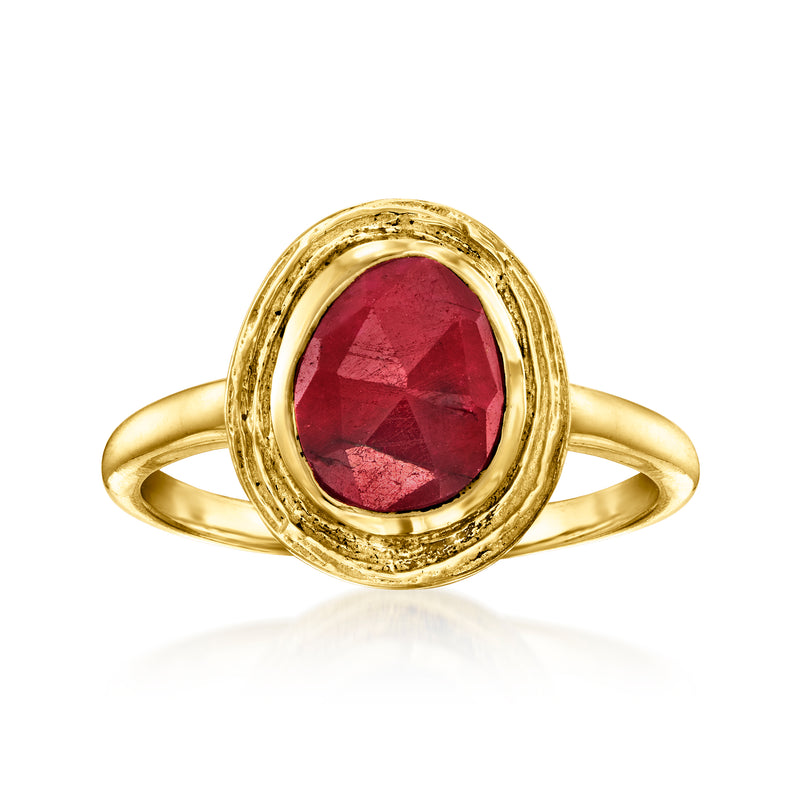 18k gold over sterling ring with oval red ruby gemstone in a double halo bezel