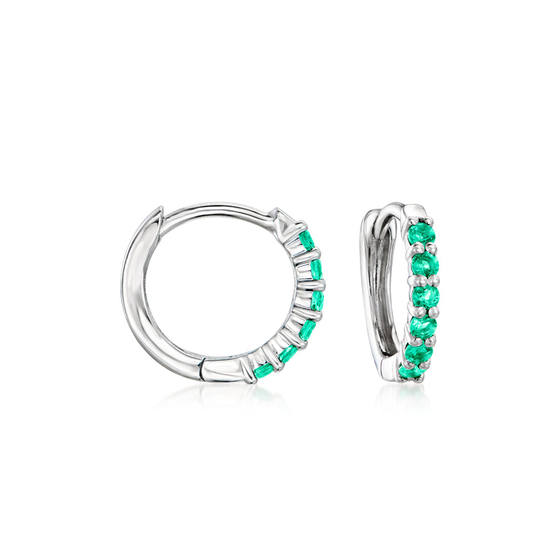 14kt white gold huggie hoop earrings with emerald-green gemstone accents