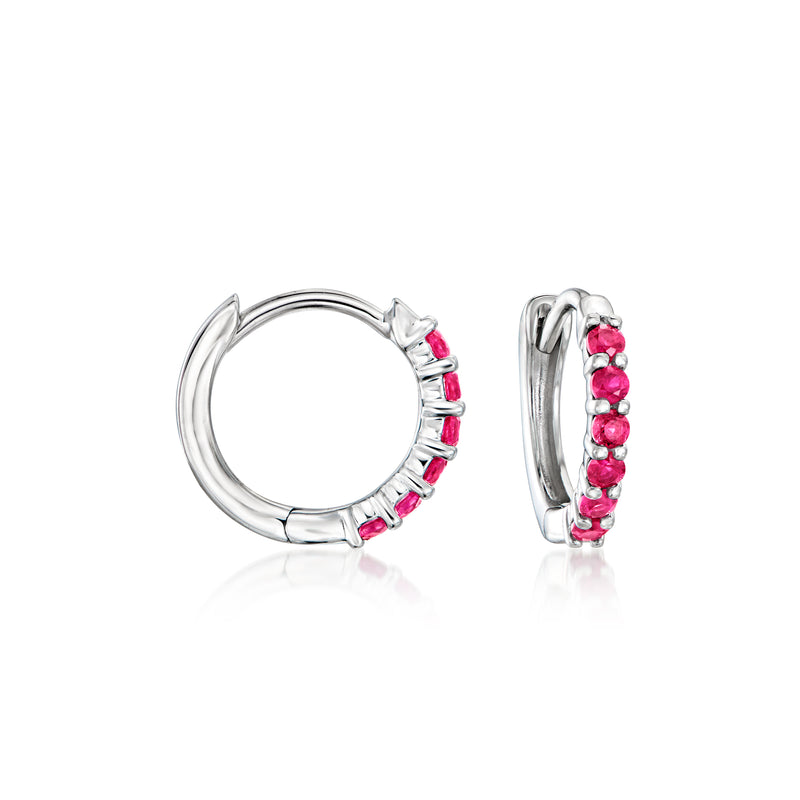 14kt white gold ruby huggie hoop earrings, hinged hoops with pink gemstones