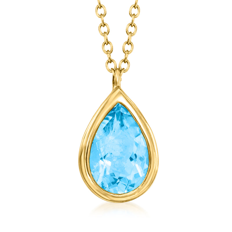Yellow gold pear-shaped blue topaz teardrop pendant necklace