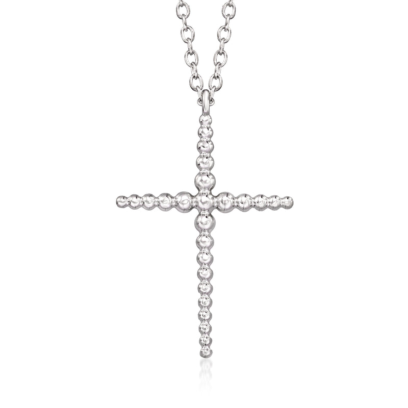 Sterling silver beaded cross necklace with link chain and dangling cross pendant