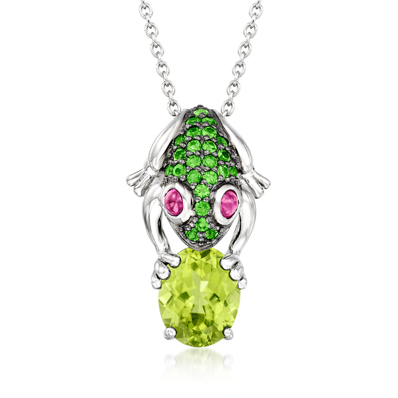Sterling silver frog pendant necklace with green gemstone body and pink ruby eyes