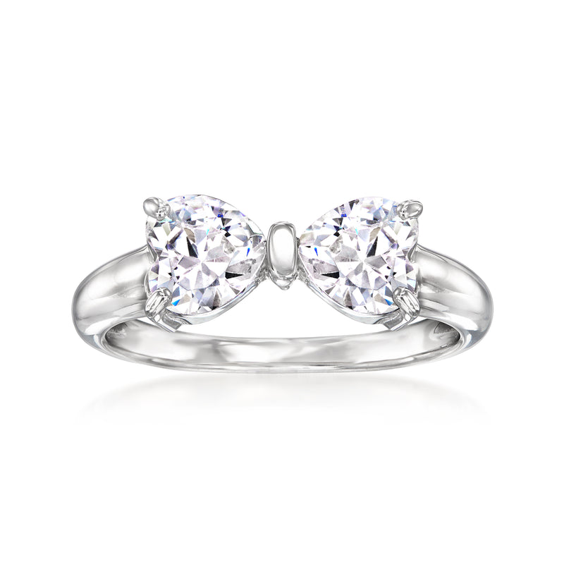 Sterling silver CZ bowtie ring with two round clear stones and split band