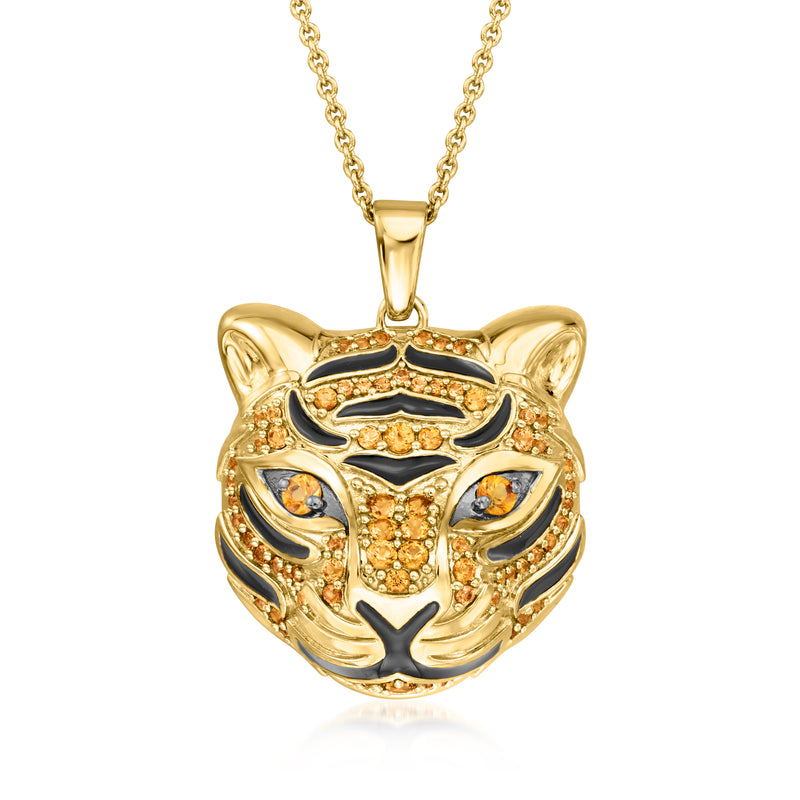 Gold tiger pendant necklace with black enamel and orange gemstone eyes