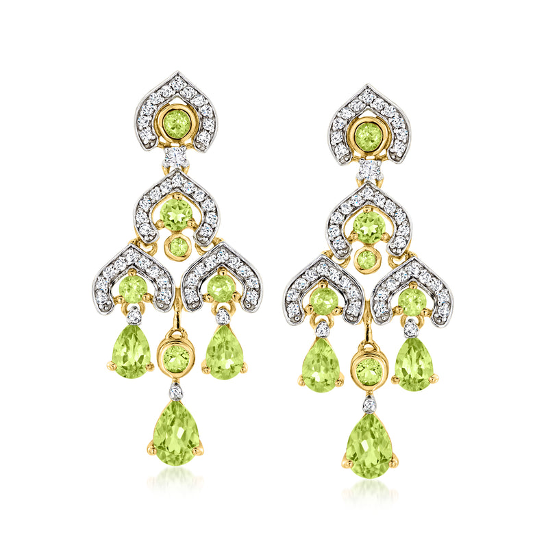 Gold drop chandelier earrings with green pear-shaped stones and clear accents