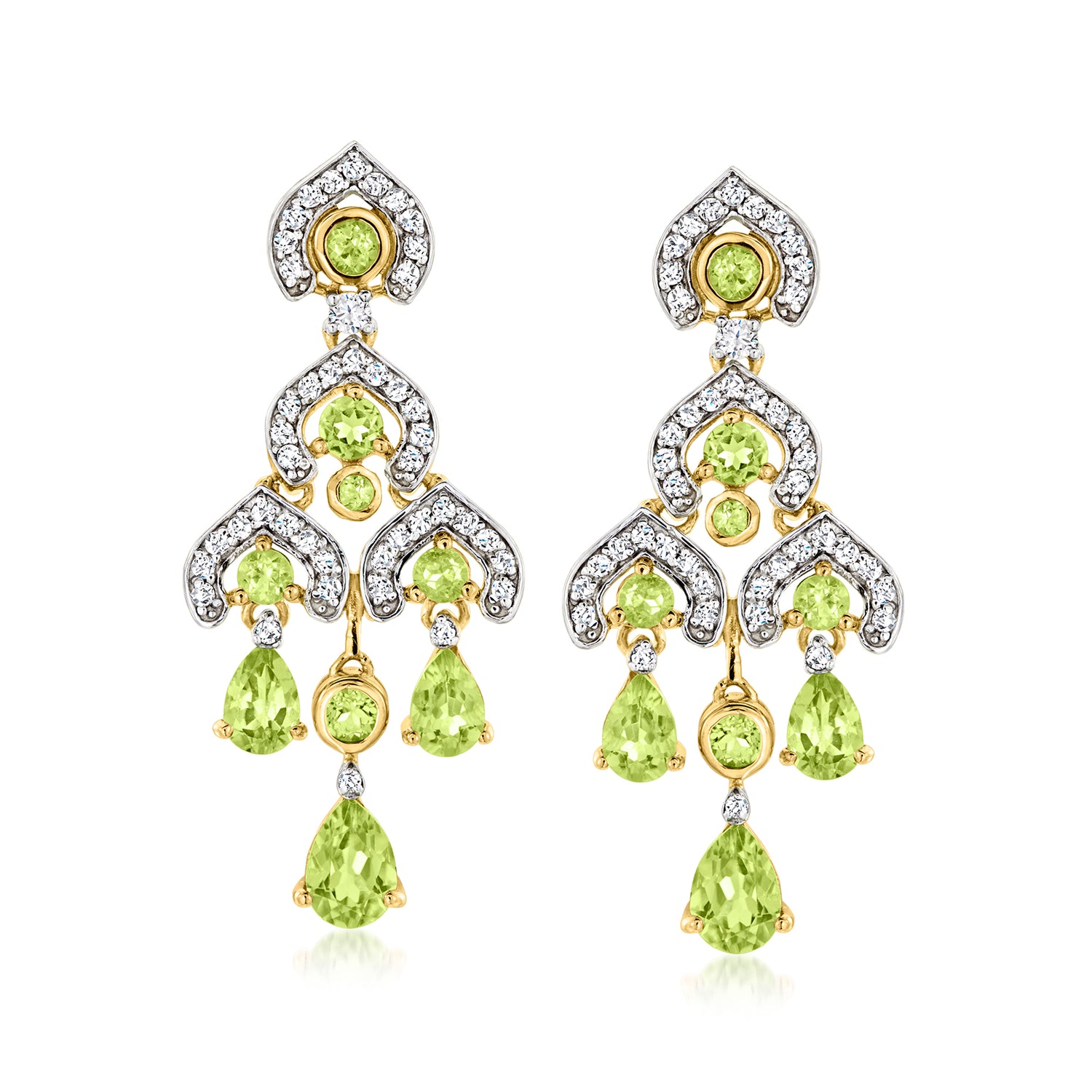 4.10 ct. t.w. Peridot and .80 ct. t.w. White Zircon Chandelier Earrings in 18kt Gold Over Sterling