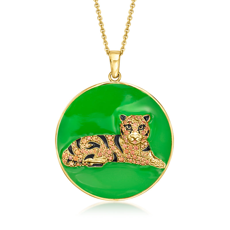 18kt gold over sterling tiger pendant necklace with round green enamel, jeweled tiger.