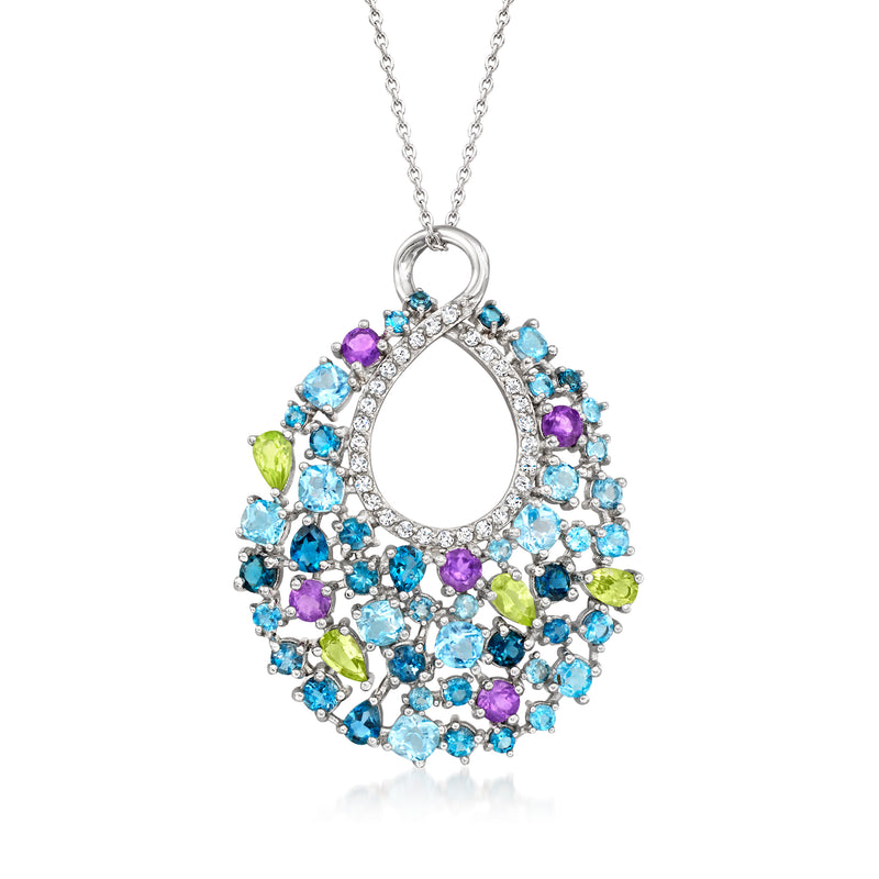 Sterling silver infinity pendant necklace with multicolor gemstone halo and teardrop center