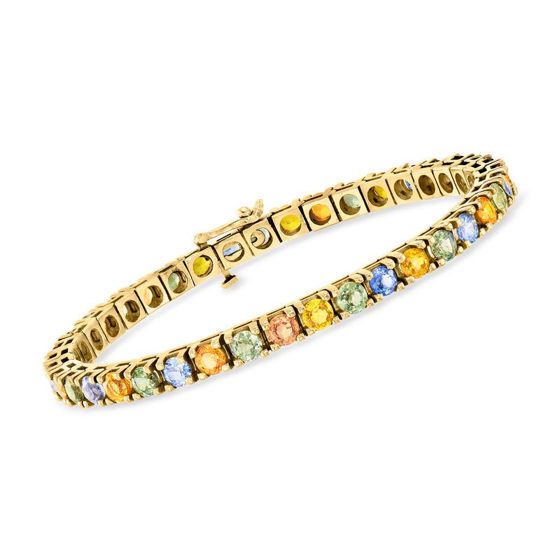14kt yellow gold tennis bracelet with multicolored sapphire stones, hinged bezel setting