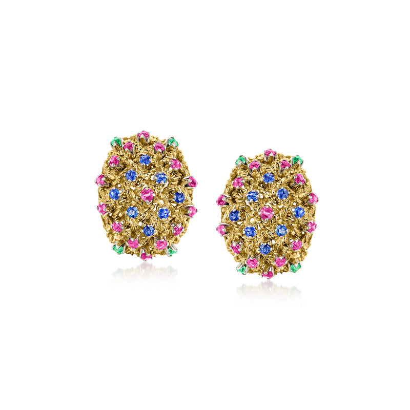 18kt yellow gold curved cluster stud earrings with pink, blue, green gemstones