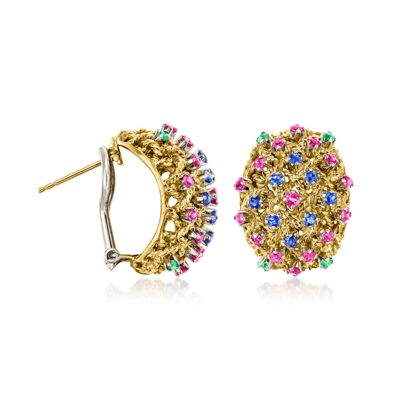 Curved oval multi-gem earrings in 18kt yellow gold with post backing visible