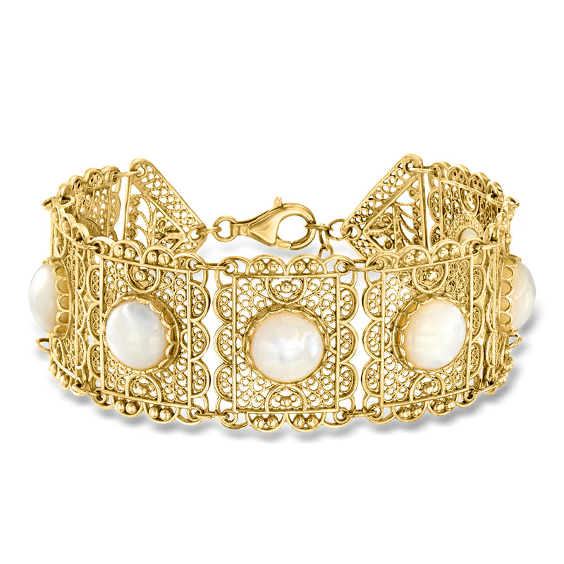 Gold filigree bracelet with three mother-of-pearl round insets and clasp closure