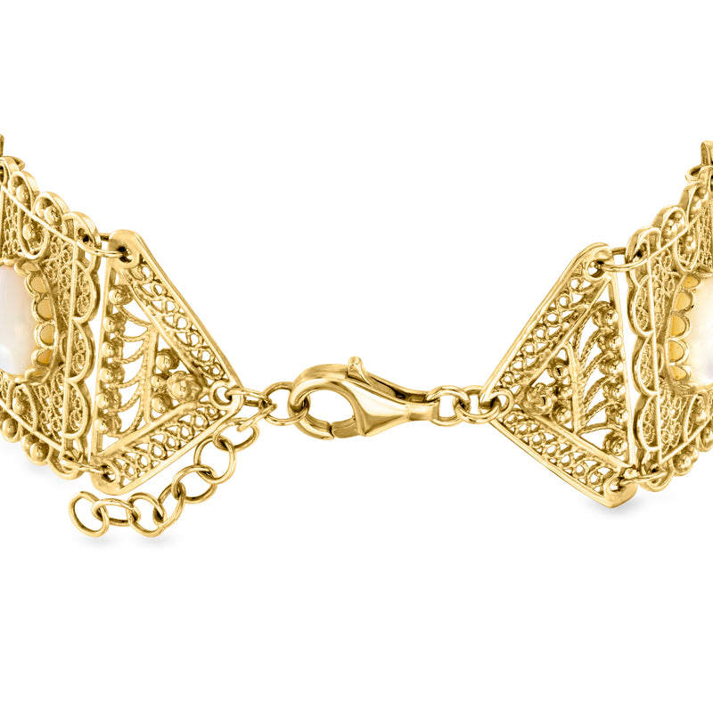 Gold filigree panel bracelet with mother-of-pearl round insets and hinged clasp