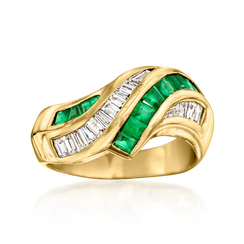 18kt yellow gold bypass ring with green emeralds and baguette diamonds