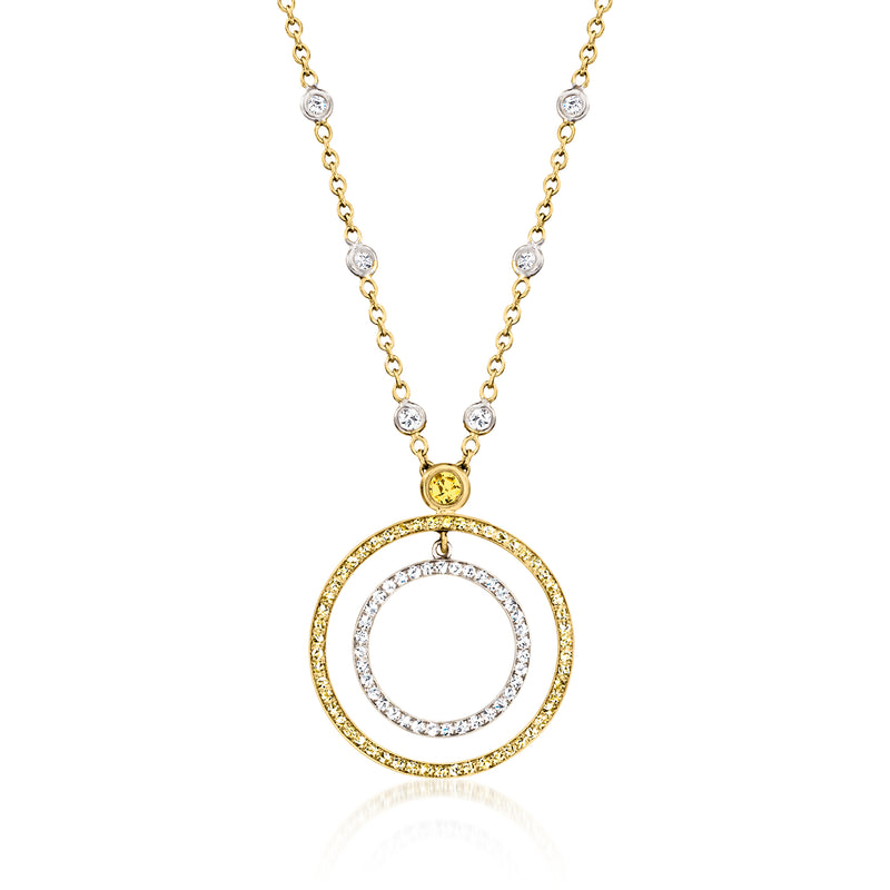 Two-tone gold diamond circle pendant necklace with double-ring halo, adjustable chain