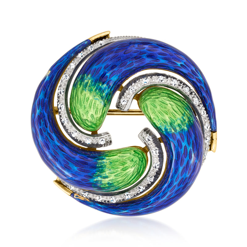 Two-tone gold swirl pin with blue and green enamel, diamond-like stone accents